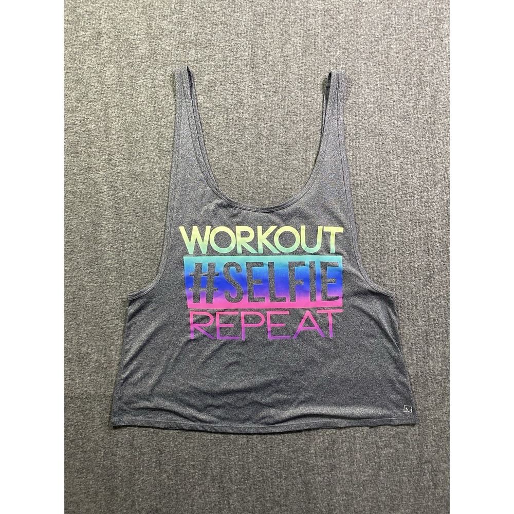 Material Girl Juniors Active Tank Top Gray Workout Selfie Repeat Size M